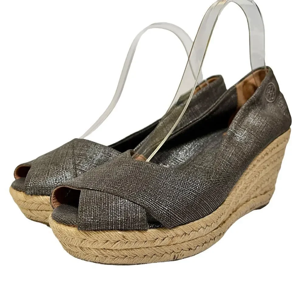 Tory Burch Filipa Pewter Linen Espadrille Wedges - Metallic Peep-Toe Heels